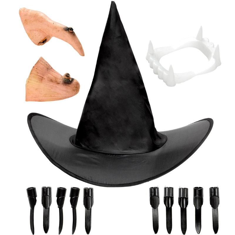 WITCH dress-up set - hat, nose, chin, denture, nails