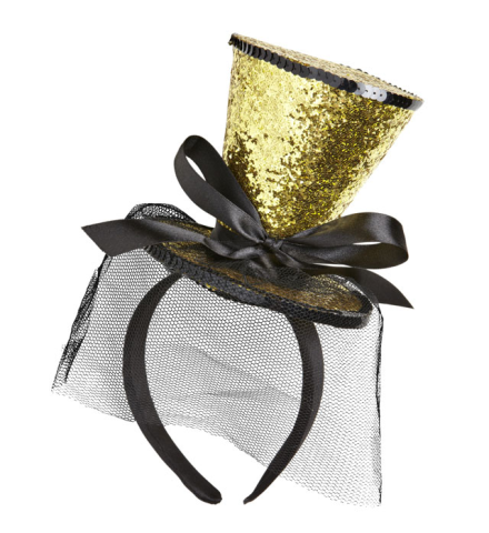 GOLD GLITTER MINI TOP HAT ON HEADBAND WITH BOW & VEIL