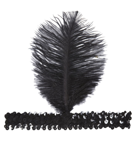 BLACK SEQUIN HEADBAND WITH BLACK FEATHER