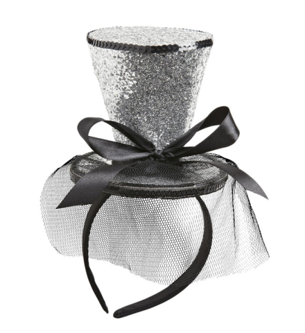 SILVER GLITTER MINI TOP HAT ON HEADBAND WITH BOW & VEIL