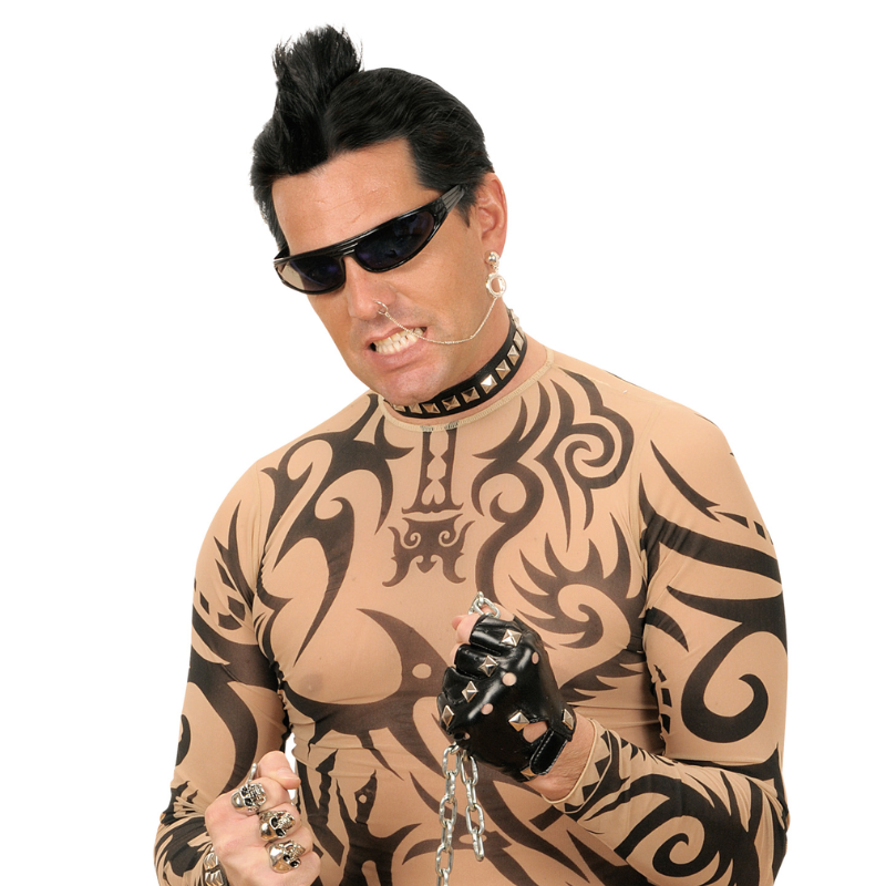 Punk Set -earring with ear-to-nose chain, skull ring